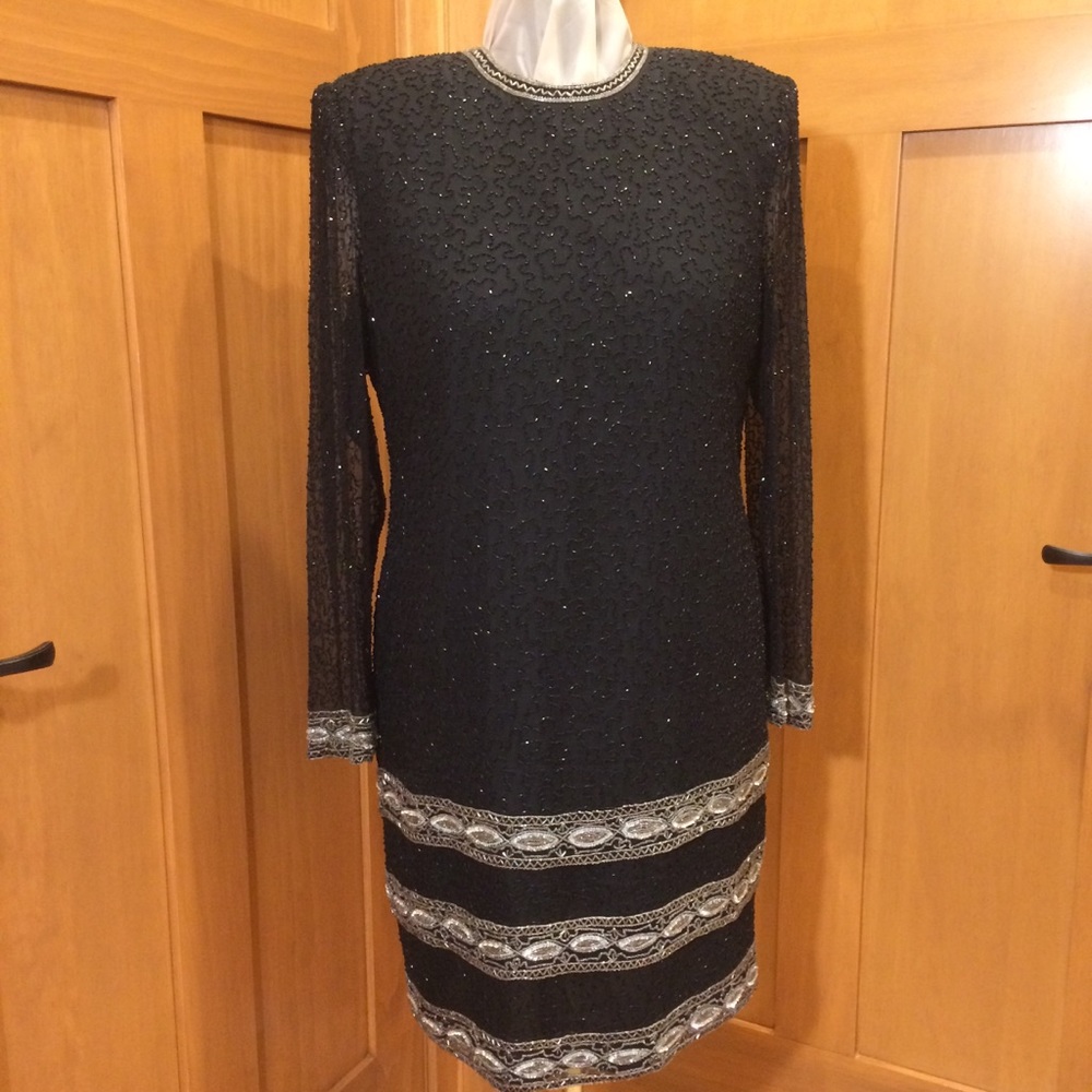 VTG Black Silk Beaded Sheath Dress XL Great Cond